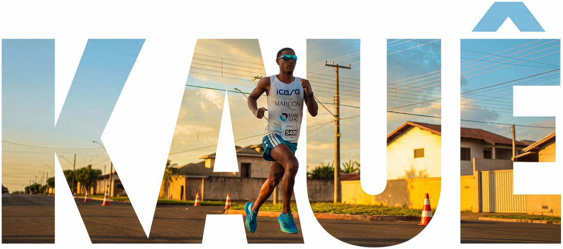 KAUÊ, em letras grandes recortadas sobre a foto do atleta correndo numa rua ao entardecer, de regata ICASA e Marcon